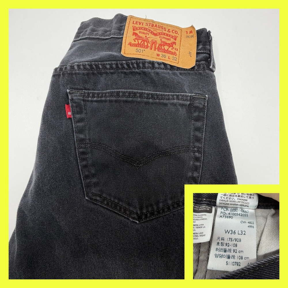 Levi's 501 Original Fit Mens W36 L32 Black Straight Leg Button Fly Jeans